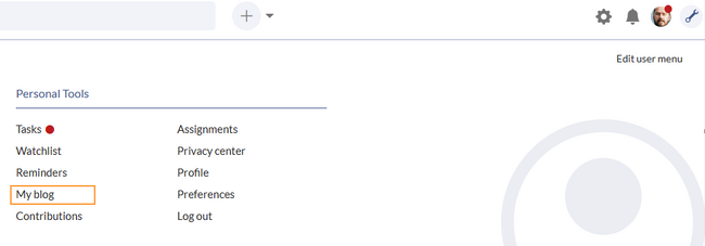 user menu with highlighted link "My blog"