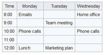 table with four columns wor Times and days of the week with a time schedule