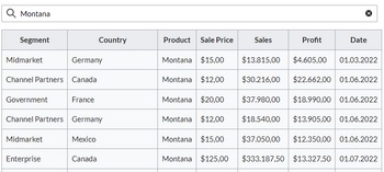 Screenshot of a filtered table