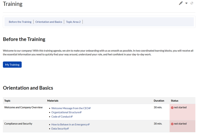 alternativtext=Start page of training with button to create a training page