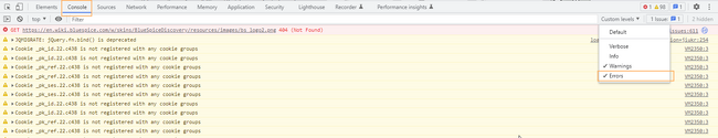Screenshot of the console panel with one error message and many warnings.