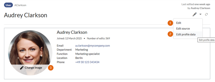 User profile of user Audrey Clarkson with 3 highlighted edit options