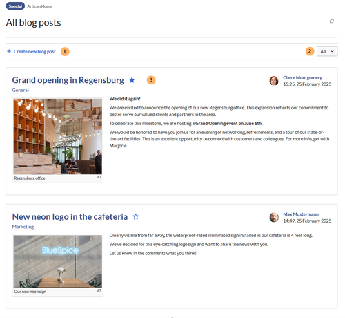 Special page ArticlesHome with two blog posts with text and photo each.