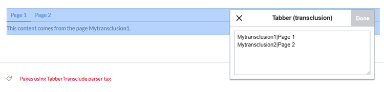 inspector window with code for transcluding two pages in two tabs.