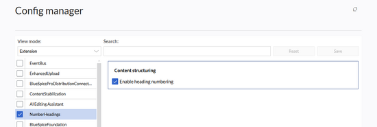 Selected checkbox for the extension NumberHeadings