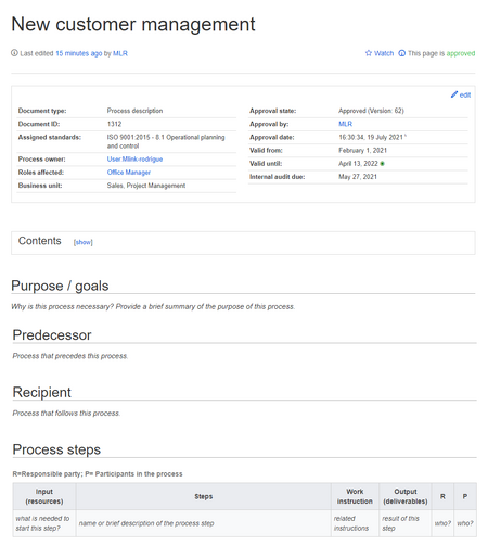 Screenshot of the IMS Process description template