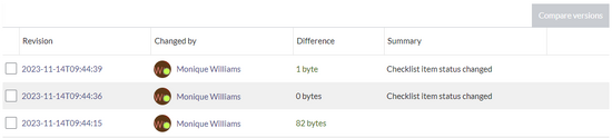 version history of the page with comments showing versions with checkbox status changes