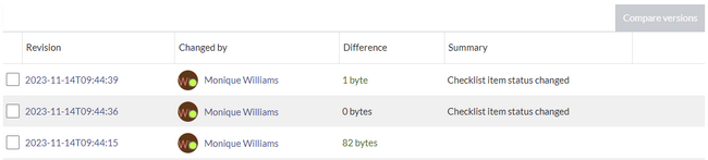version history of the page with comments showing versions with checkbox status changes