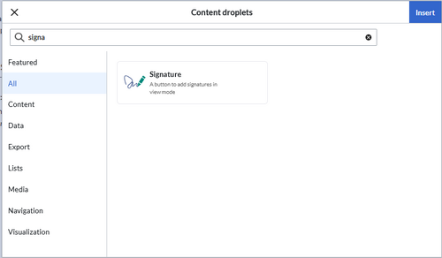 Content Droplet dialog and selection of "Signature"
