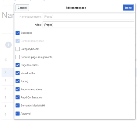 Namespace settings screen