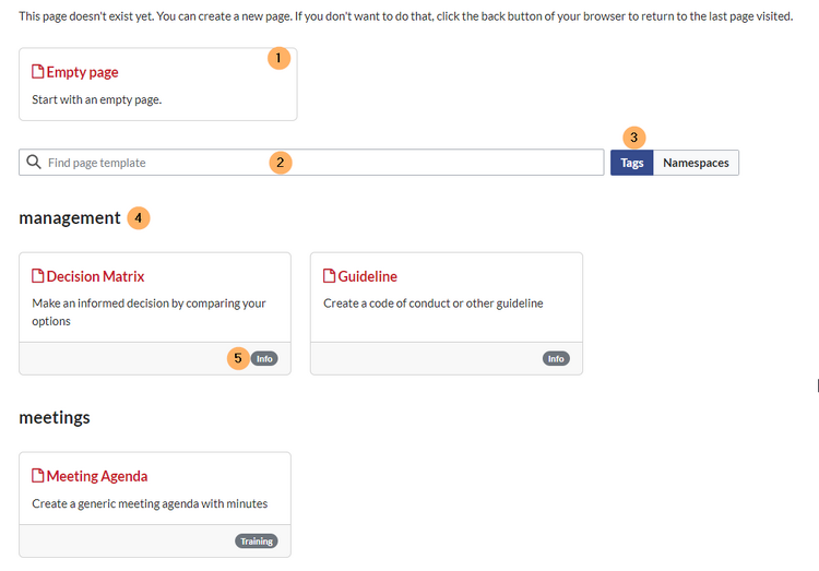 Screenshot of the page templates selection screen