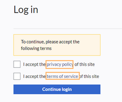 "Privacy policy" and "Terms of service" checkboxes on the login page