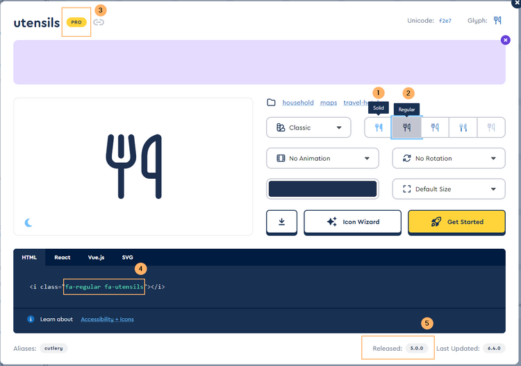 Annotated details panel for the icon "utensils"