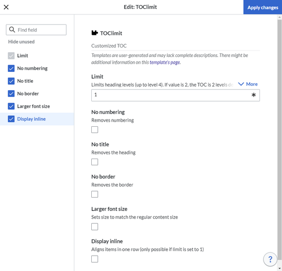 Template settings dialog