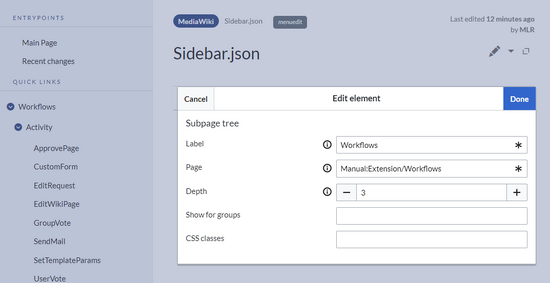 Screenshot of the edit window for a subpage tree item.