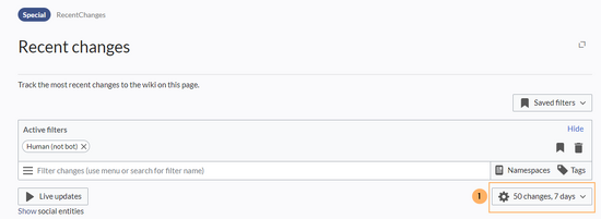 screenshot of the filter section of the page "Recent changes"