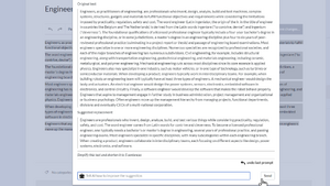 AI Editing dialog with original text about Engineers and a 5 sentence shortened AI version