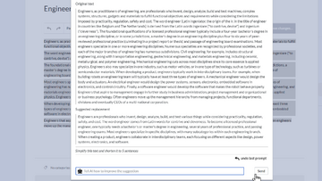 AI dialog shows text about Engineers and its suggestion of a 5 sentence simplified version of the text