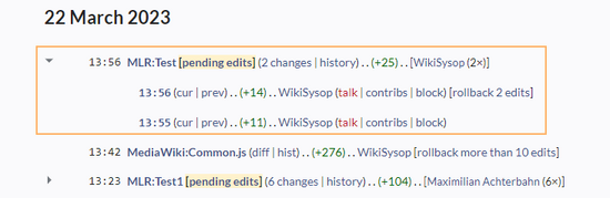 Screenshot of grouped changes on the page "Recent changes"