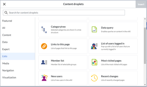 Screenshot of the Content droplet selection for "Lists"