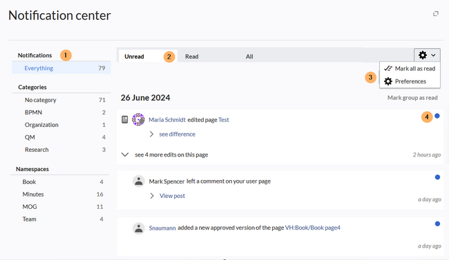 layout of the notification center with 4 marked areas