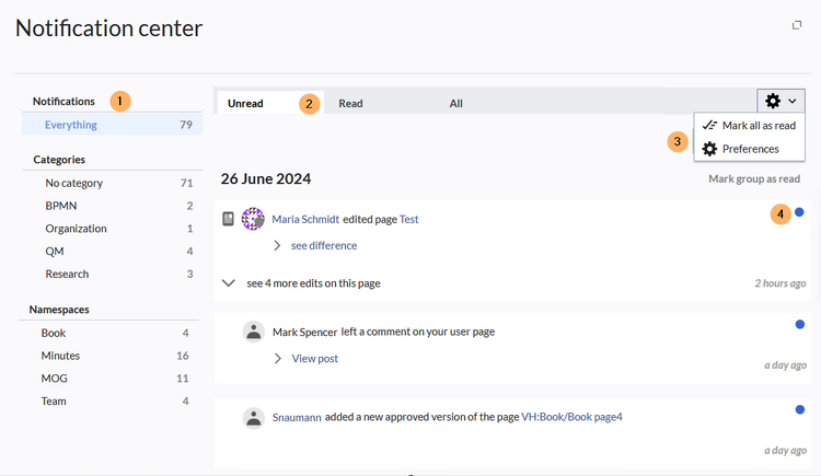 layout of the notification center with 4 marked areas