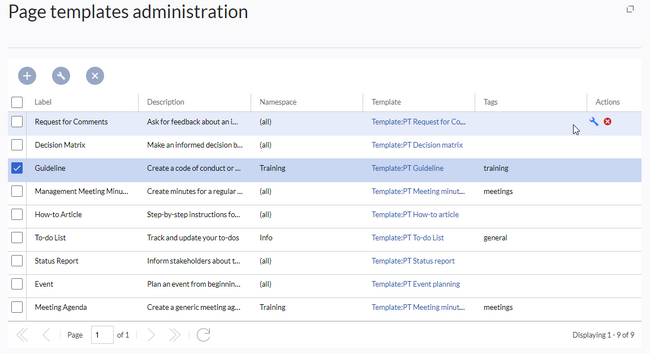 Page templates administration screenshot