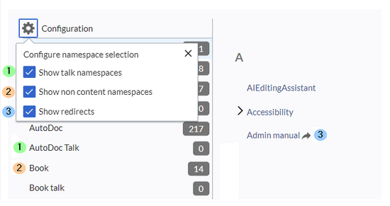 configuration menu with all options selected corresponding elements highlighted on page