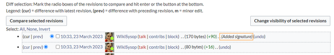 screenshot of the page history with logged signature