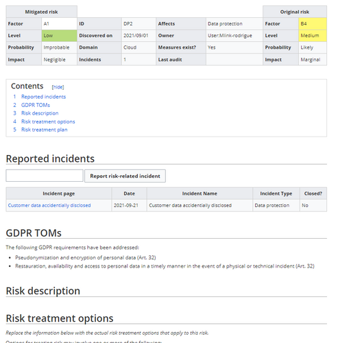 Risk entry screenshot