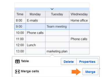 Table with all cells in a table row selected and the merge button