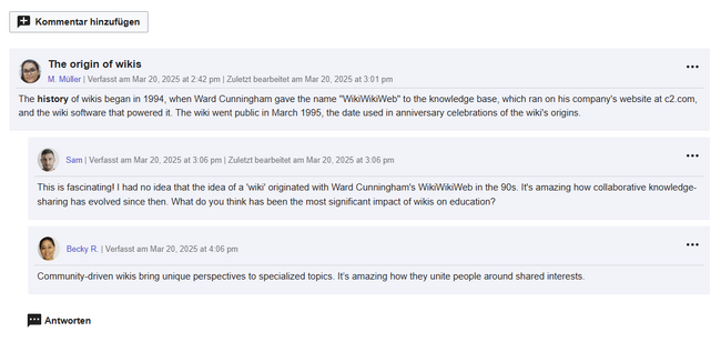 Page comment with associated subcomments