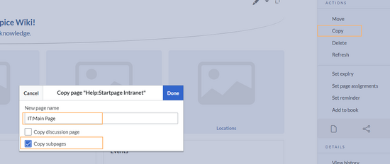 BlueSpice "copy" dialog with a new page name and the subpages checkbox selected