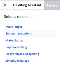 List of 6 available AI prompts. Selected is "Summarize content"