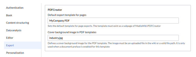 Konfiguration for the default page export template and default cover image