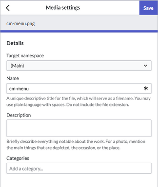 Media settings for uploading an image to the main namespace without further settings