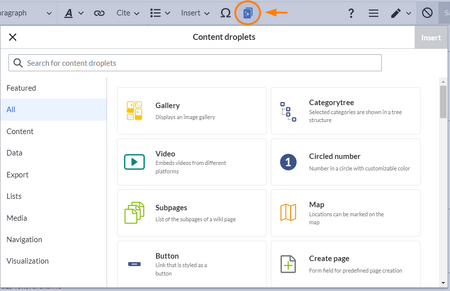 screenshot of the Content droplets menu