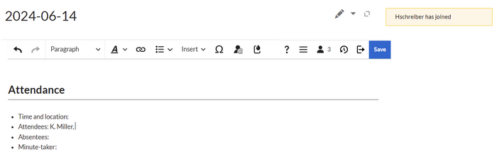 alert message for newly joined user in a meeting minutes edit session
