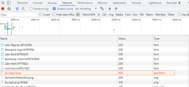 Screenshot of network log with an error