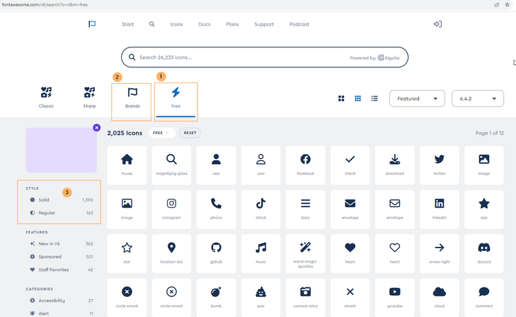 Screenshot of the FontAwesome icons selection, filterd for icons of type "Free"