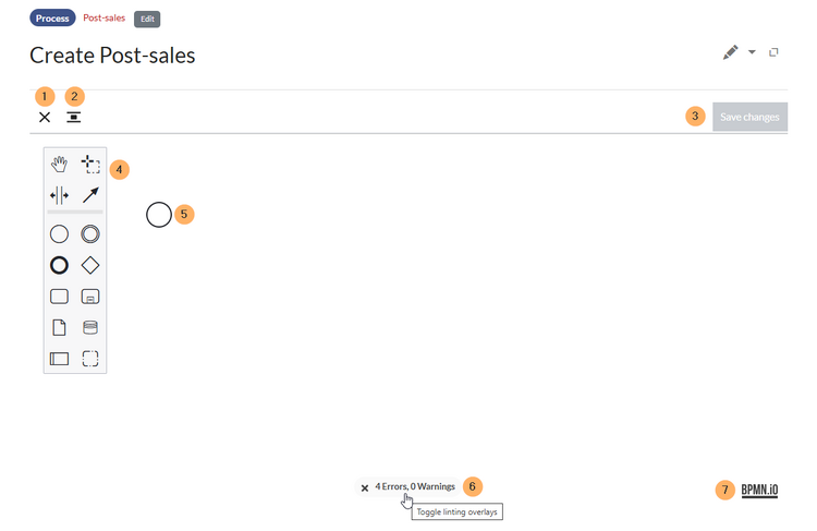7 highlighted user interface elements of the editor