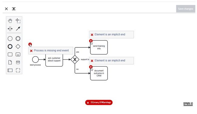 error messages caused by a missing end event